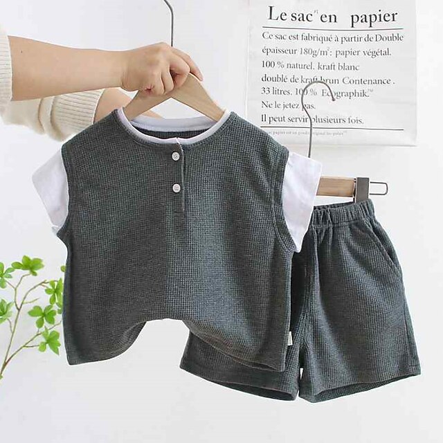 Baby & Kids Boys Clothing | Kids Boys T-shirt & Shorts Clothing Set 2 Pieces Short Sleeve Gray Yellow Solid Color Street Outdoor