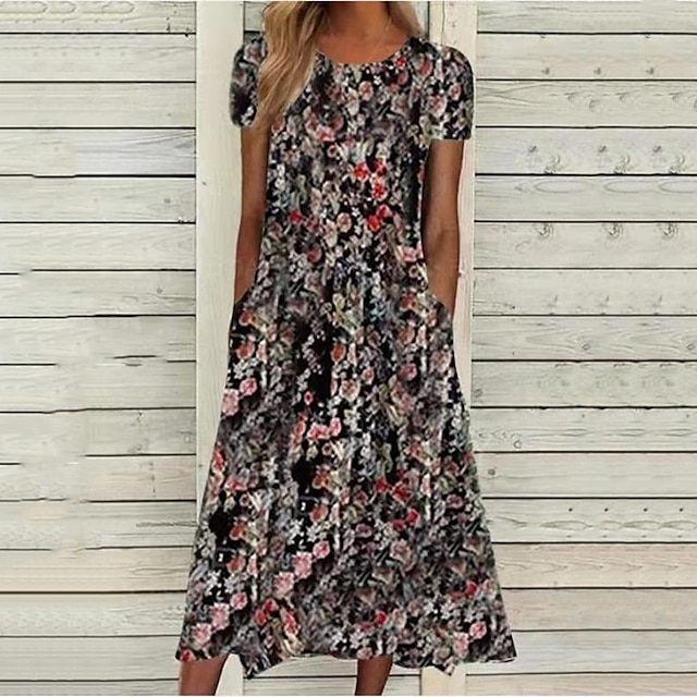 

Women's A Line Dress Midi Dress Black Short Sleeve Floral Pocket Print Spring Summer Round Neck Casual Vacation 2022 S M L XL XXL 3XL