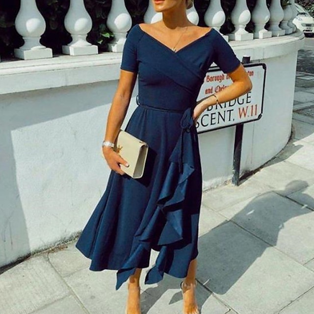 Womens Clothing Womens Dresses | Womens A Line Dress Midi Dress Blue Red Short Sleeve Pure Color Backless Ruffle Spring Summer O