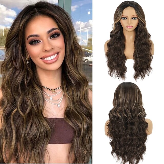 Beauty & Hair Wigs & Hair Pieces | Long Brown Wavy Wig Highlight Long Curly Wavy Wigs for Women Middle Part Synthetic Heat Resis