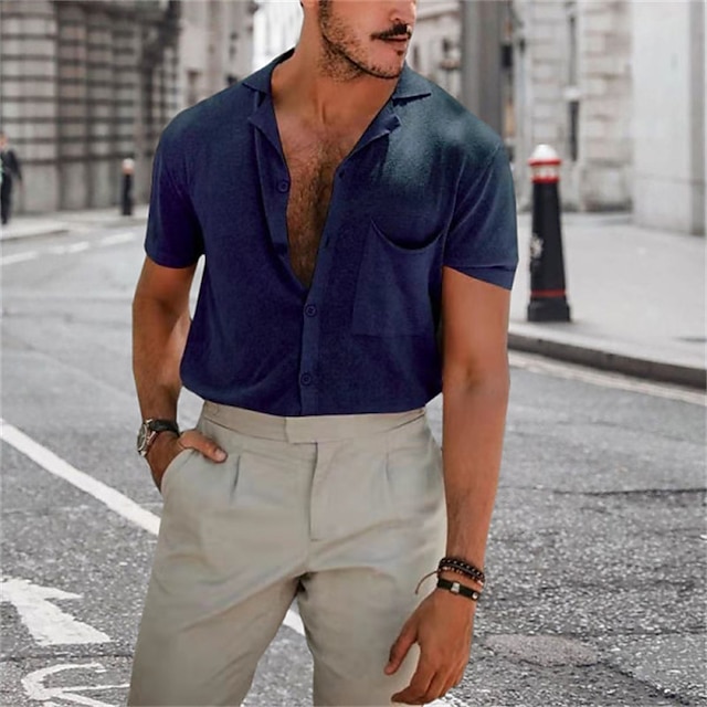 Mens Clothing Mens Shirts | Mens Shirt Solid Color Turndown Street Casual Button-Down Short Sleeve Tops Casual Fashion Breathabl