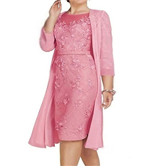  Women's Plus Size Curve Two Piece Dress Lace Dress Solid Color Crew Neck Lace 3/4 Length Sleeve Spring Fall Basic Work Knee Length Dress Formal Party Dress Cotton