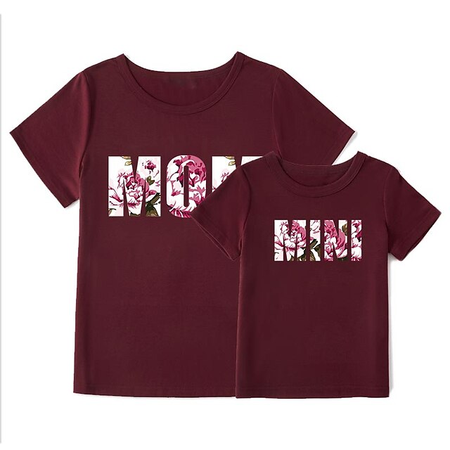 Baby & Kids Matching Outfits | Mommy and Me T shirt Tops Floral Letter Daily Print Black Gray Pink Short Sleeve Basic Matching O