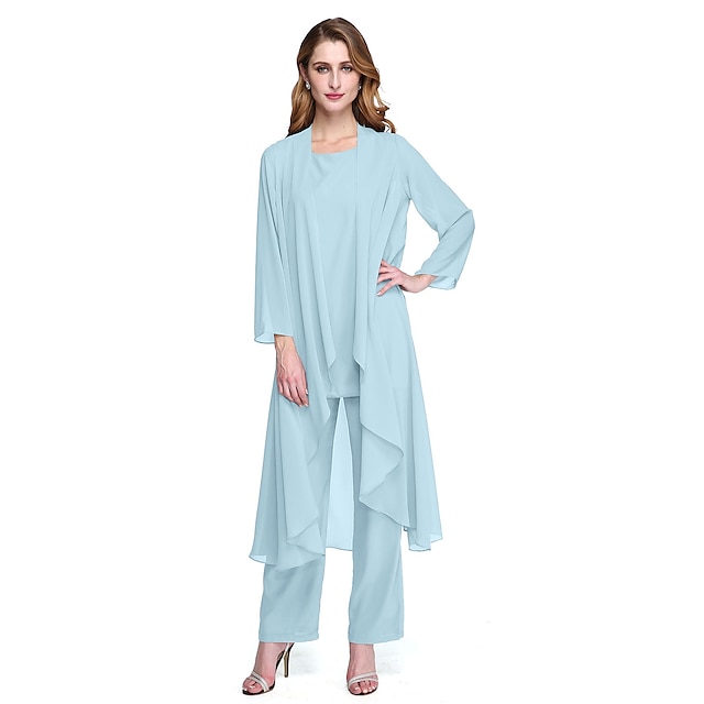  Combinaison  Tailleur Mère de la Mariée Robe de Mariage Invitée Élégante Grande Taille Col Bateau Longueur au Sol Chiffon Sans Manches oui Wrap Inclus de Couleur Unie taille sur mesure gratuite