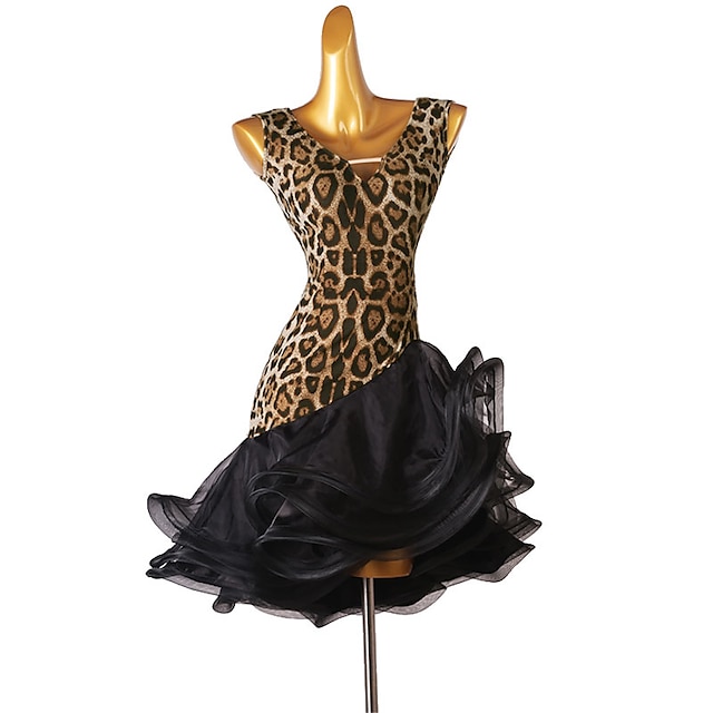  Dance Salsa Latin Dance Dress Leopard Print Ruffles Women‘s Training Sleeveless High Spandex