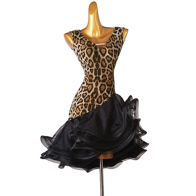  dans salsa rochie de dans latino cu volane cu imprimeu leopard antrenament femei fara maneci spandex inalt