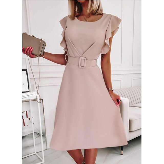  Women's Midi Dress A Line Dress Pink Short Sleeve Ruched Ruffle Pure Color Crew Neck Spring Summer Casual Sexy 2022 S M L XL XXL 3XL / Sleeveless