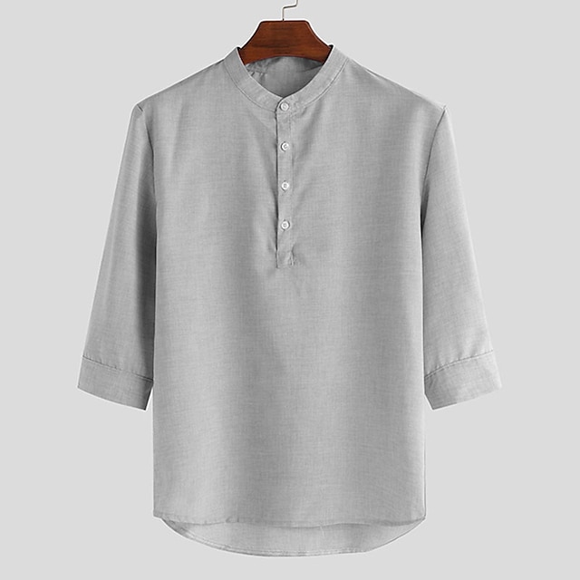 Mens Clothing Mens Shirts | Mens Shirt Solid Colored Stand Collar Street Casual Button-Down Half Sleeve Tops Casual Fashion Stre