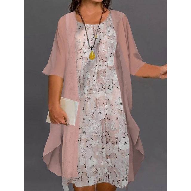  Vestido feminino plus size curvo de duas peças estampado floral decote redondo manga 3/4 comprimento outono primavera elegante vestido midi casual vestido de férias diário