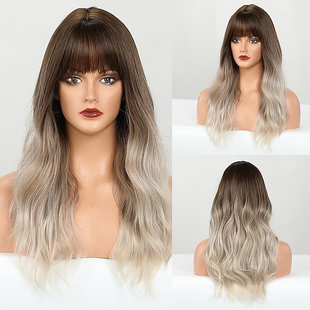 Beauty & Hair Wigs & Hair Pieces | HAIRCUBE Long Wavy Auburn/Ombre Brown/Ash Brown/Dark Brown/Dark Synthetic Wigs with Bangs Nat