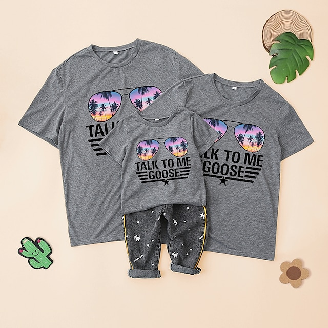 Baby & Kids Matching Outfits | Family Look T shirt Tops Leaf Star Letter Causal Print Green White Light Gray Short Sleeve Casual