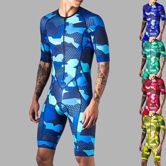  21Grams Men's Triathlon Tri Suit Short Sleeve Road Bike Cycling Triathlon Green Red Blue Camo / Camouflage Bike Clothing Suit UV Resistant Breathable Quick Dry Sweat wicking Polyester Spandex Sports