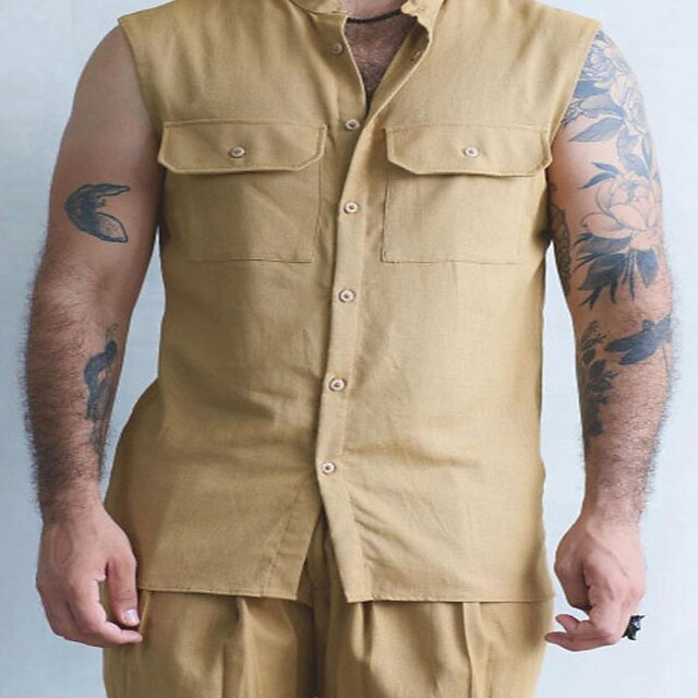 Mens Clothing Mens Shirts | Mens Shirt Solid Color Turndown Street Casual Button-Down Sleeveless Tops Casual Fashion Breathable 