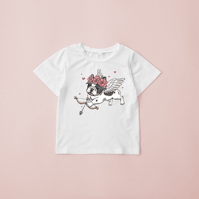 Baby & Kids Matching Outfits | Family Look Valentines T shirt Tops Floral Dog Heart Causal Print White Pink Short Sleeve Daily M