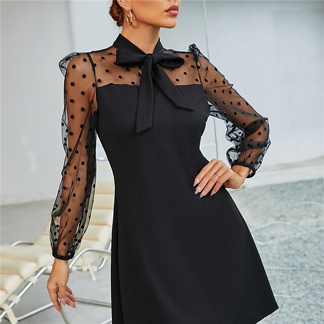 

Women's A Line Dress Short Mini Dress Black Long Sleeve Polka Dot Mesh Spring Summer Stand Collar Work Elegant Modern 2022 XS S M L XL
