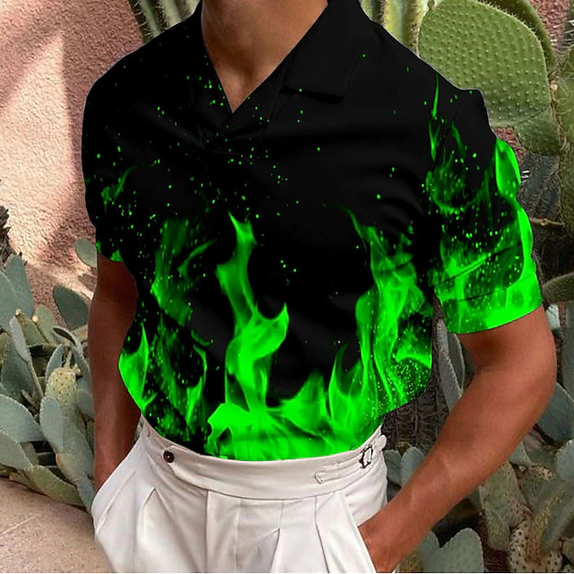 Men's Flame Polo Shirts Golf Shirt Short Sleeve Shirt Turndown Casual Daily 3D Print Fuchsia Green Print Button-Down Clothing Apparel Fashion Designer Casual Breathable 5