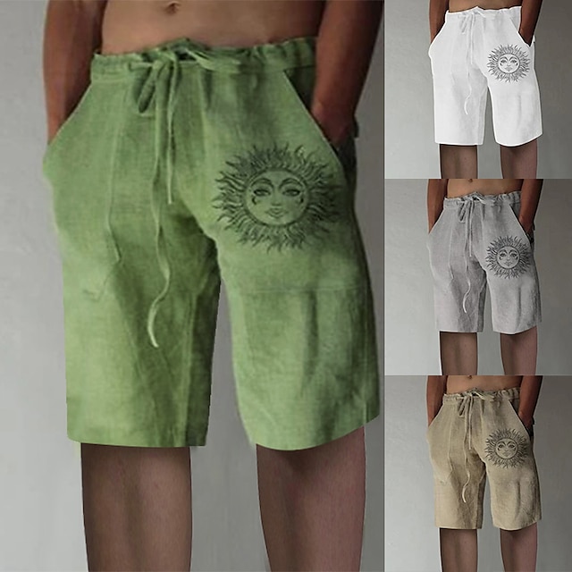  Men's Shorts Linen Shorts Summer Shorts Baggy Shorts Elastic Waist Straight Leg Print Sun Graphic Prints Comfort Breathable Knee Length Sports Outdoor Daily Linen / Cotton Blend Fashion Big and Tall