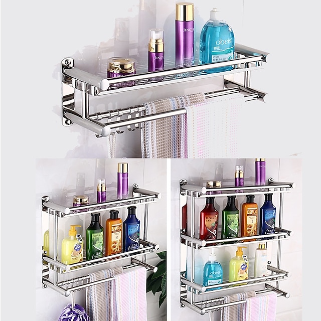  Shower Caddy Floating Shelves With Towel Bar 1-3 Layers Premium SUS 304 Contemporary Stainless Steel 1pc Wall Mounted