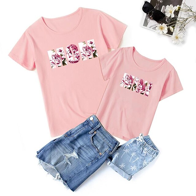 Baby & Kids Matching Outfits | Mommy and Me T shirt Tops Floral Letter Daily Print Black Gray Pink Short Sleeve Basic Matching O