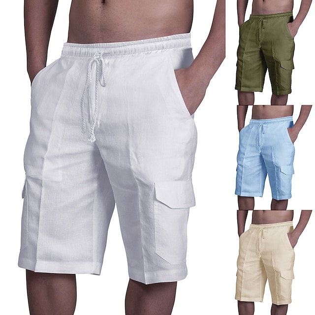  Homens Calção Shorts de linho Shorts de verão Shorts de praia Bolso multi Tecido Comprimento do joelho Praia Havaiana Casual Preto Branco Sem Elasticidade
