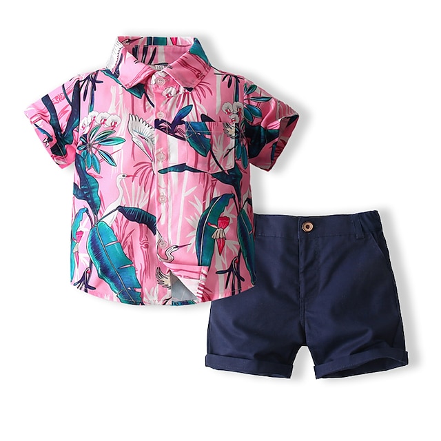 Baby & Kids Boys Clothing | Kids Boys Shirt & Shorts Clothing Set 2 Pieces Short Sleeve Pink Animal Print Gentle Regular 1-5 Yea