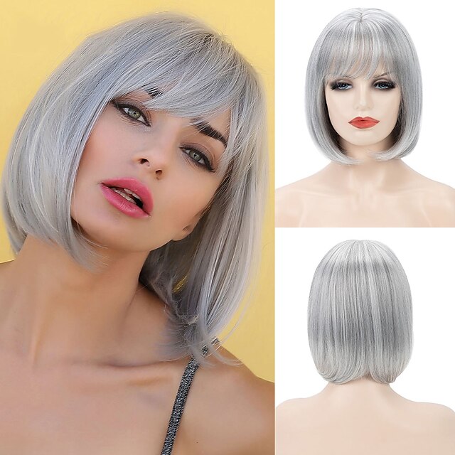  Short Bob Straight Wig With Bangs Sliver Gray Synthetic Bob Wigs For Women Cosplay Hair for Party Daily