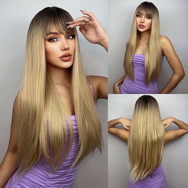 Beauty & Hair Wigs & Hair Pieces | HAIRCUBE Hair Ombre Brown Black Blonde Long Natural Straight Wigs With Side Part for Women - 