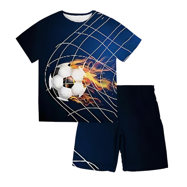  Drenge 3D Fodbold T-shirt & Shorts Tøjsæt Kortærmet Sommer Forår Sport Mode Sej Polyester Børn 3-13 år udendørs Gade Sport Regulær