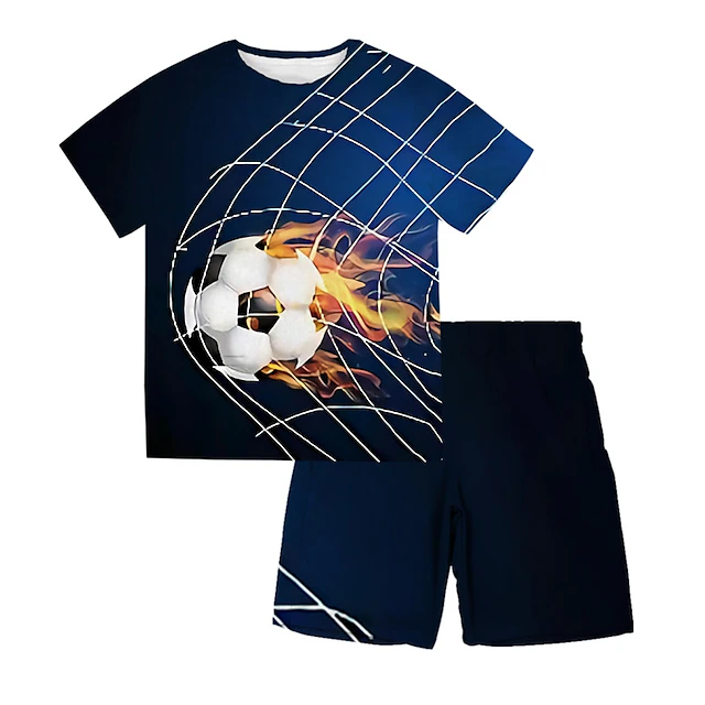 Boys 3D Football T-shirt & Shorts Clothing Set Short Sleeve Summer Spring Sports Fashion Cool Polyester Kids 3-13 Years Outdoor Street Sports Regular Fit 9