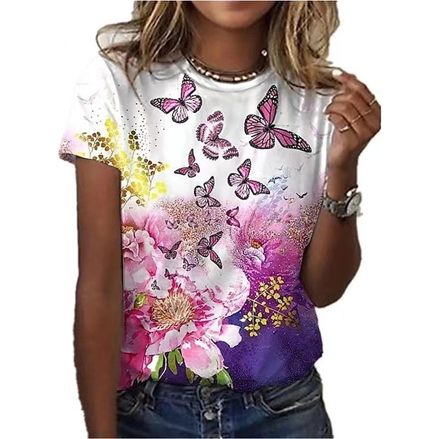 Womens Clothing Plus Size Collection | Womens Plus Size Tops T shirt Floral Color Gradient Print Short Sleeve Crewneck Streetwea