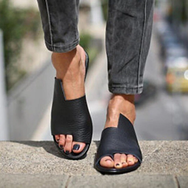 Women's Black Leather Slide Sandals - Comfortable Open-Toe Summer Footwear for Casual and Everyday Wear 7