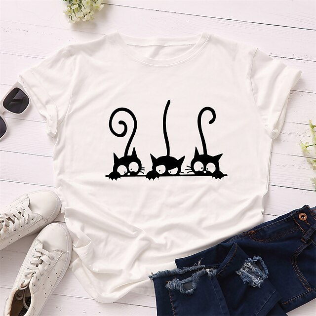 Women's T Shirt Burgundy Tee Blouse Cat Basic Short Sleeve Crew Neck Regular Tops Vacation Daily Going out Print White Yellow Pink Wine Red Summer Spring 16