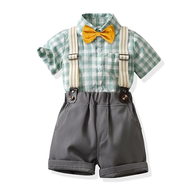 Baby & Kids Boys Clothing | Kids Boys Shirt & Shorts Clothing Set 2 Pieces Short Sleeve Green Blue Plaid Bow Street Outdoor Casu