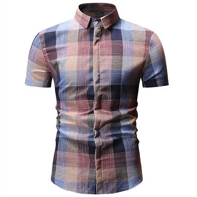 Mens Clothing Mens Shirts | Mens Shirt Plaid Turndown Street Casual Button-Down Short Sleeve Tops Casual Fashion Breathable Comf