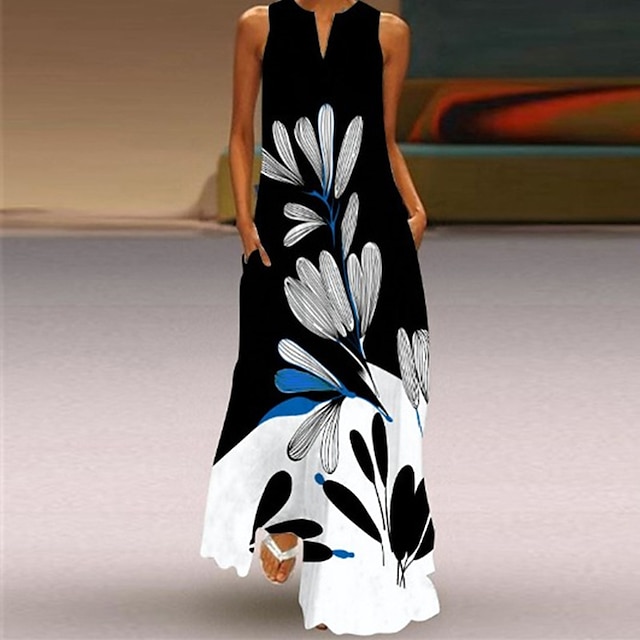  Women's A Line Dress Maxi long Dress Black Sleeveless Floral Leopard Print Summer V Neck Stylish 2023 5XL