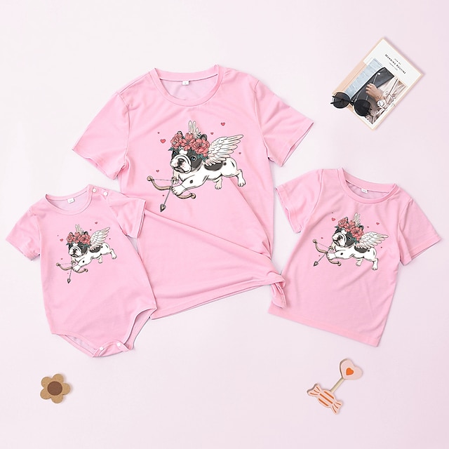 Baby & Kids Matching Outfits | Family Look Valentines T shirt Tops Floral Dog Heart Causal Print White Pink Short Sleeve Daily M