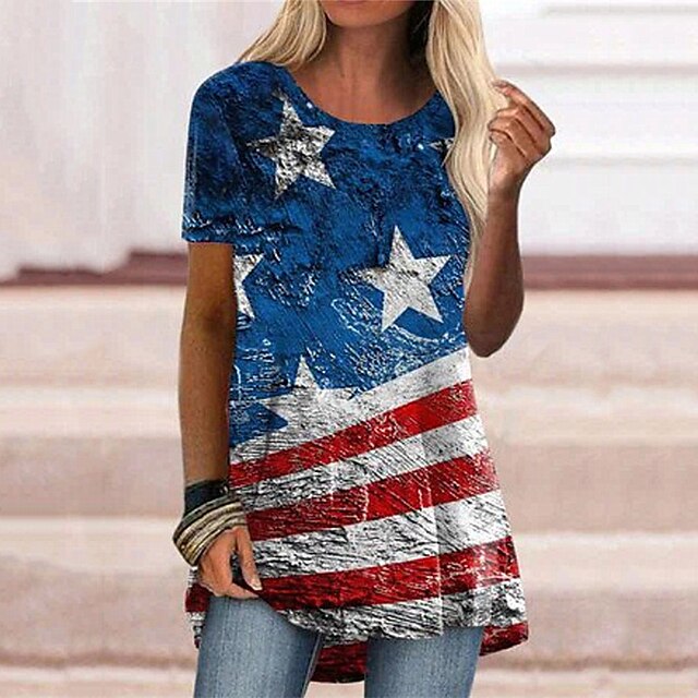 Womens Clothing Womens Dresses | Womens Shift Dress Short Mini Dress Blue Short Sleeve Flag Print Spring Summer Round Neck Perso