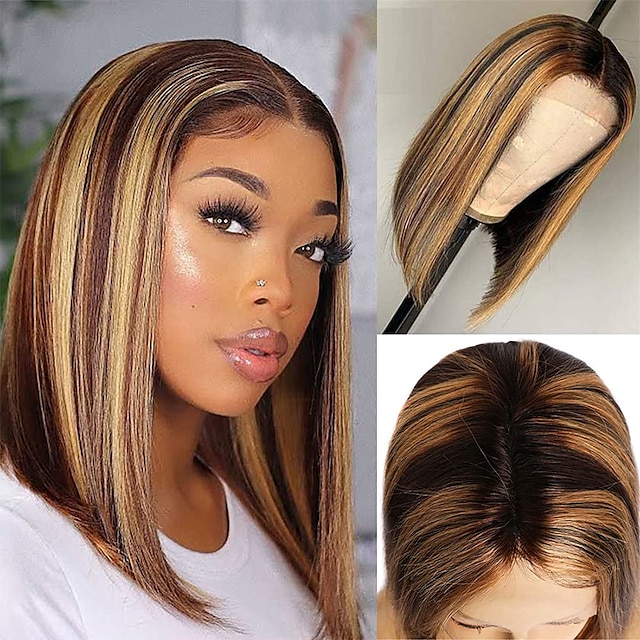  Blonde Highlight Bob Wigs Human Hair Brazilian Ombre Lace Closure Wig 4x1 T Part Lace Front Ombre Human Hair Wig P4/27 Middle Part Human Hair Wig Short Bob Human Hair Wig for Black Women 8-14 Inch