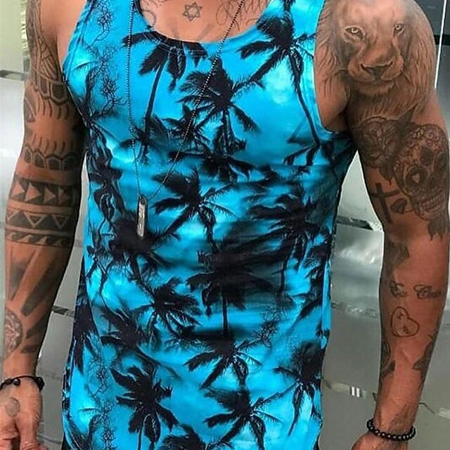  Men's Tank Top Vest Designer Summer Sleeveless Graphic Patterned Leaves 3D Print Crew Neck Daily Sports Print Clothing Clothes Designer Classic Hawaiian Black And White Navy-blue Blue