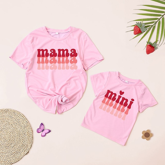 Baby & Kids Matching Outfits | Mommy and Me T shirt Tops Heart Letter Causal Print Pink Short Sleeve Daily Matching Outfits - KK