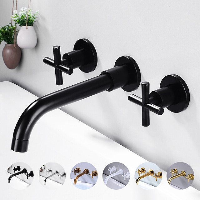  Wall Mounted Bathroom Sink Mixer Faucet, Widespread Washroom Basin Taps Wall Mount Brass 2 Handles 3 Holes Wash Baxin Tap with Cold Hot Water Hose Retro Antique Vintage