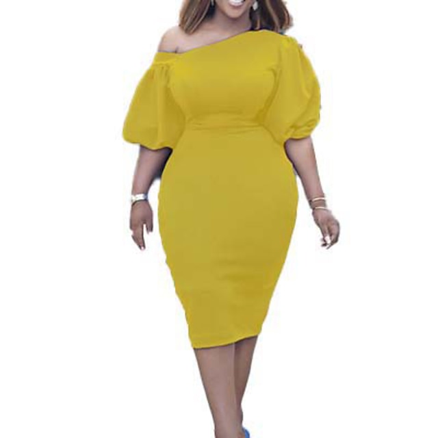 Womens Clothing Plus Size Collection | Womens Plus Size Sheath Dress Solid Color One Shoulder Half Sleeve Spring Summer Casual K