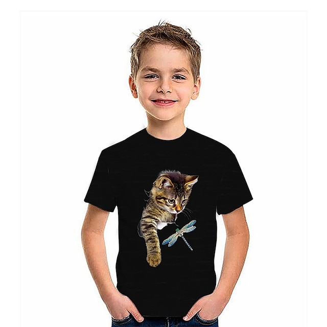 Baby & Kids Boys Clothing | Kids Boys T shirt Short Sleeve 3D Print Cat Animal Black Children Tops Spring Summer Active Fashion 