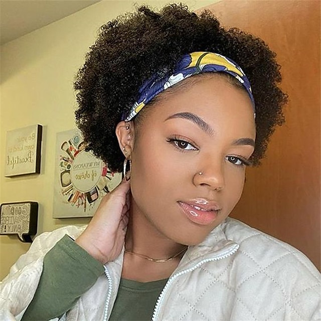 Beauty & Hair Wigs & Hair Pieces | Human Hair Wig Short Afro Curly Afro Kinky Curly With Headband Natural Black Adjustable Natur