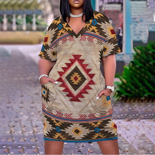 Womens Clothing Plus Size Collection | Womens Plus Size Shift Dress Tribal V Neck Print Short Sleeve Spring Summer Casual Preppy