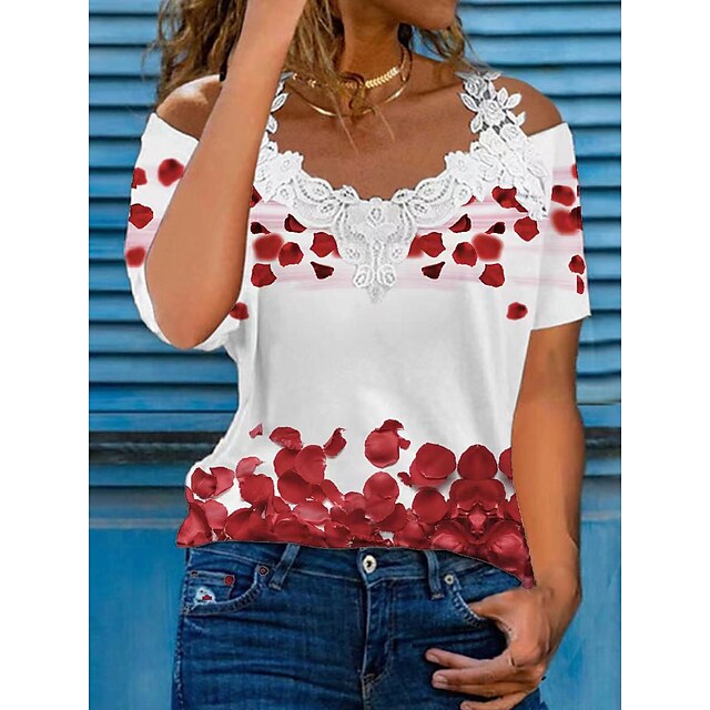  Women‘s Blouse T shirt Off Shoulder Lace Flower / Floral Daily Off Shoulder T-shirt Sleeve Regular Summer White