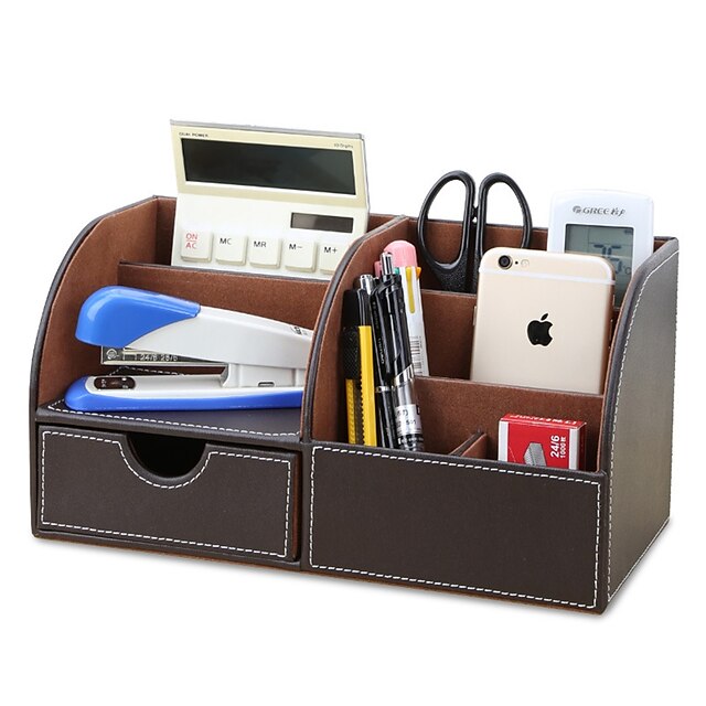 Consumer Electronics Stationery | Pen Holder Cup Multifunction Big Capacity With Drawer PU Leather for Office Men Home - KG12397