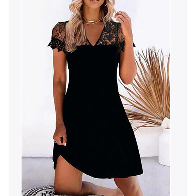  Women's Short Mini Dress A Line Dress Black Half Sleeve Lace Solid Color V Neck Summer Casual Vintage 2022 S M L XL 2XL XXXL