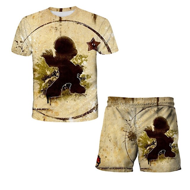 Baby & Kids Boys Clothing | Kids Boys T-shirt & Shorts Clothing Set 2 Pieces Short Sleeve Beige Cartoon Print Street Sports Vaca