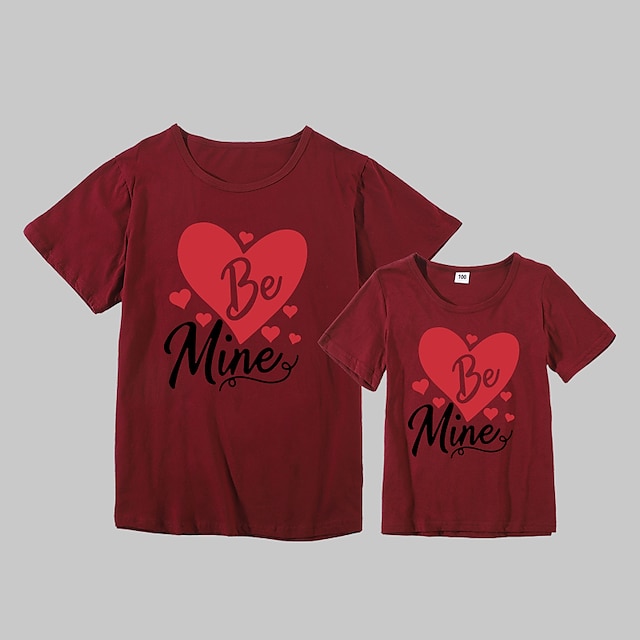 Baby & Kids Matching Outfits | Mommy and Me Valentines T shirt Tops Heart Letter Daily Print White Gray Pink Short Sleeve Basic 